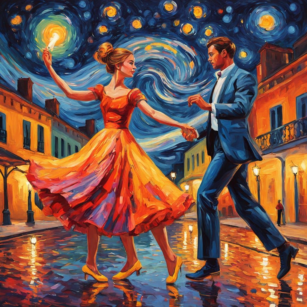 Whimsical Starry Night Dance in Vibrant Expressionist Style