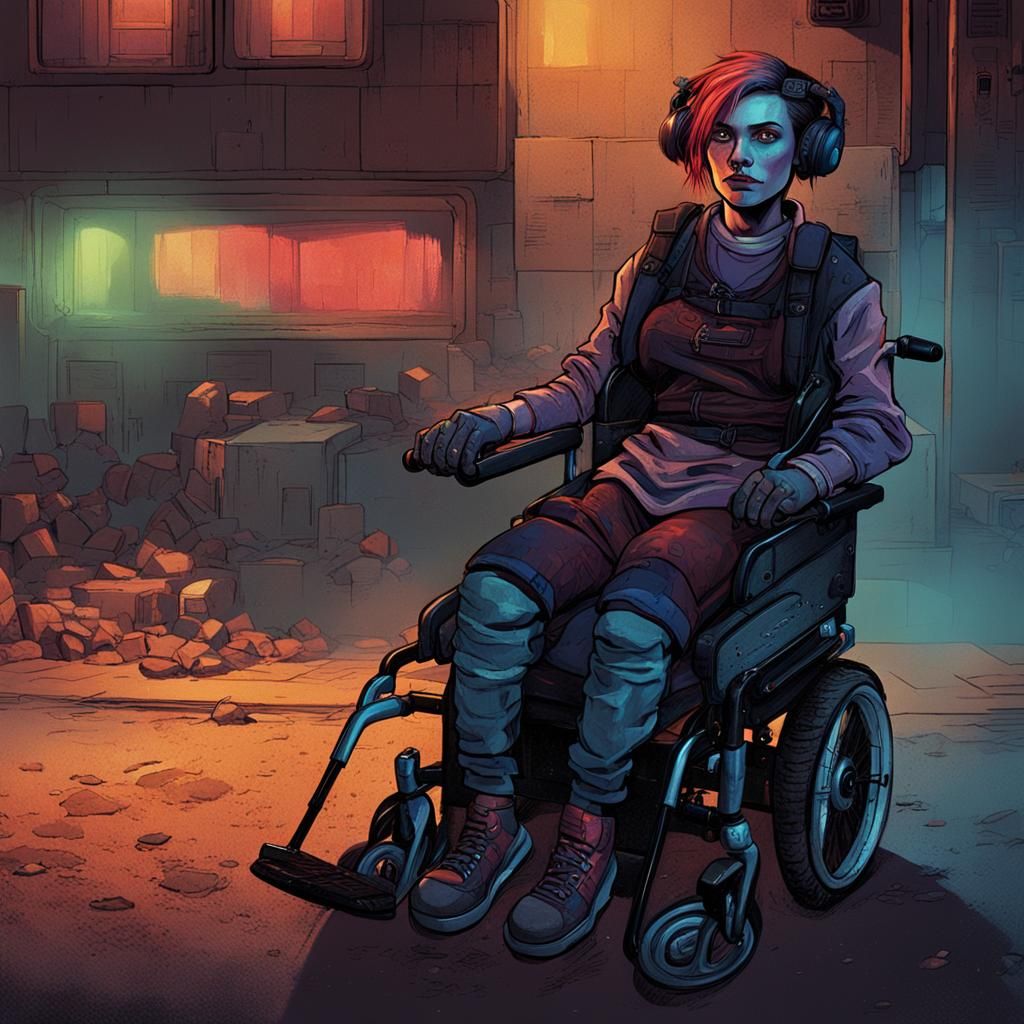 Punk Woman in Neon Wheelchair, Gritty Concept Art