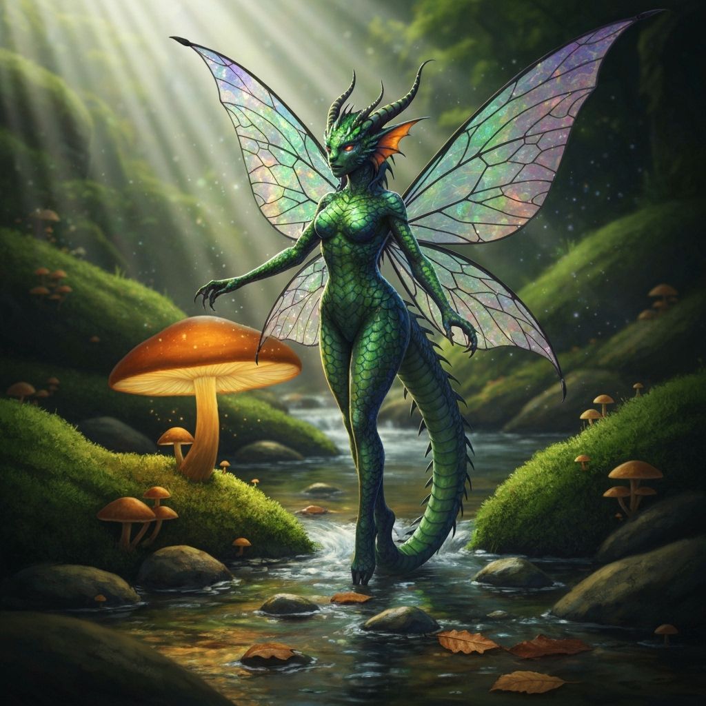 Dragon Fairy with Stained-Glass Wings in Magical Forest