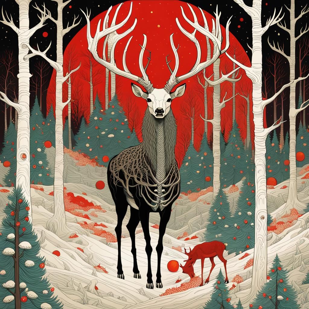 Deer Skeletons in Dark Forest Under Red Moon