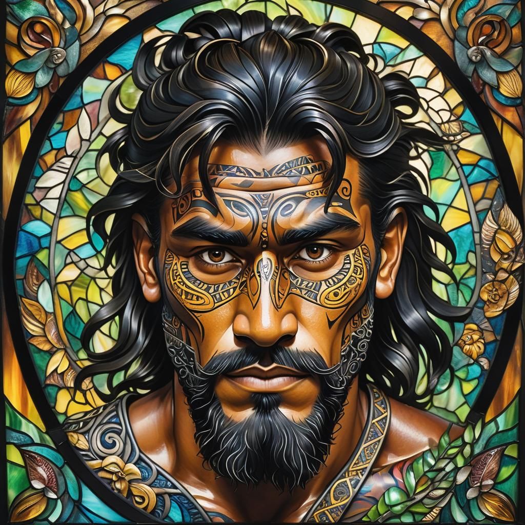 Maori Man Portrait in Stained Glass Art Style