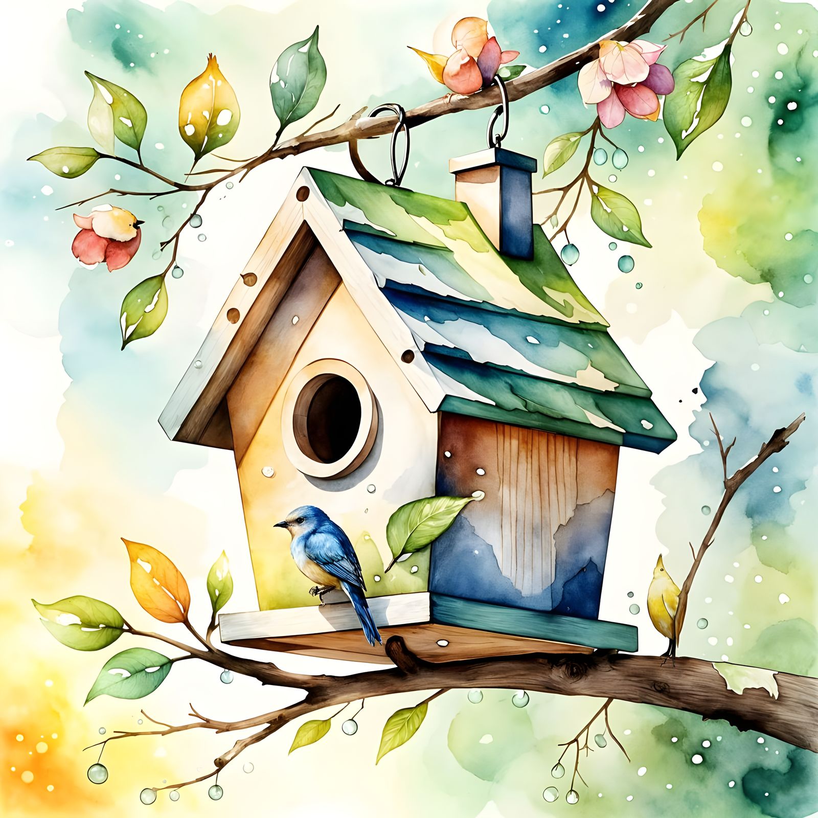 Classic Wooden Birdhouse on Budding Branch