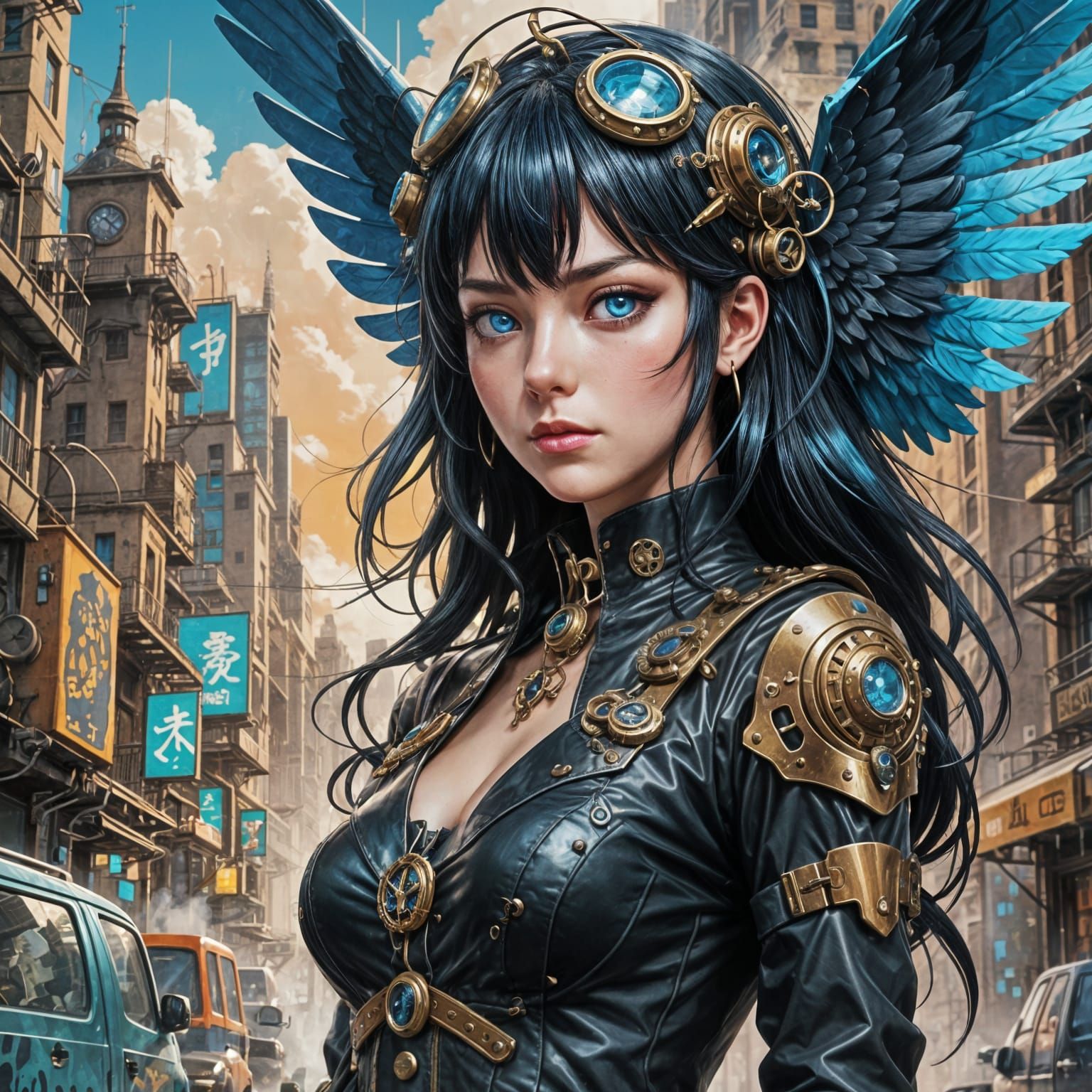 Steampunk Angel in Futuristic City: Anime Key Visual