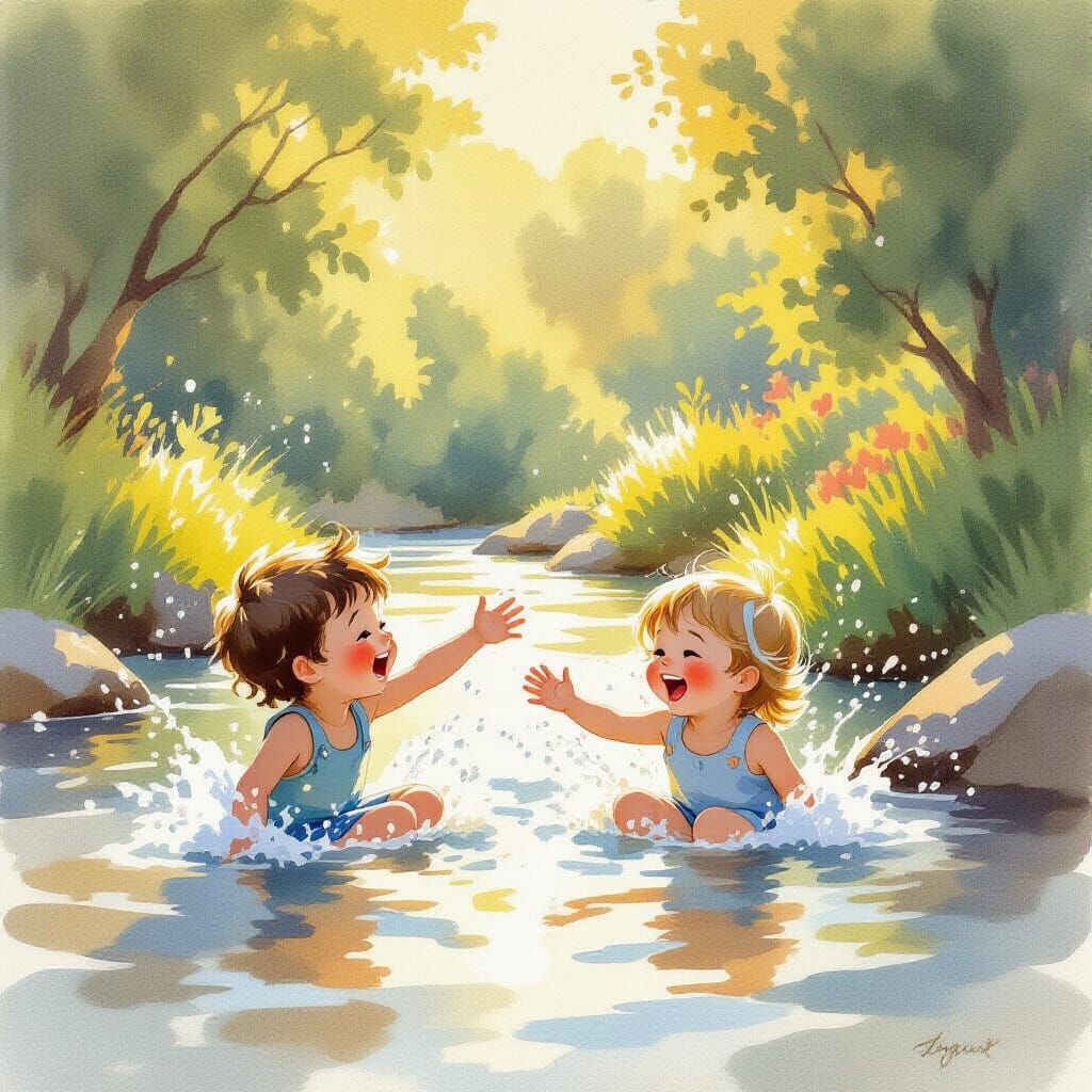Joyful Children Play in Sunlit River in Watercolor Style