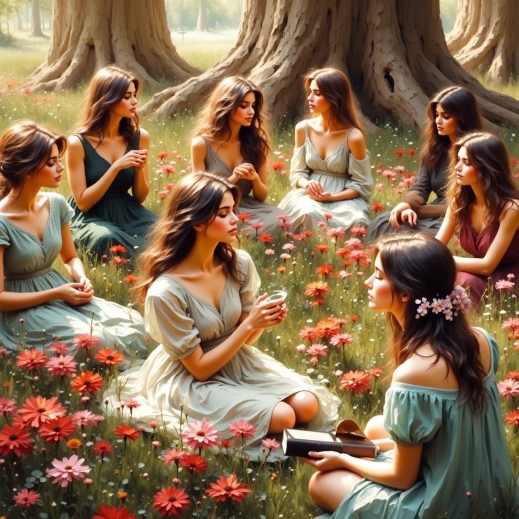 Women Praying in Meadow as Impressionist Painting