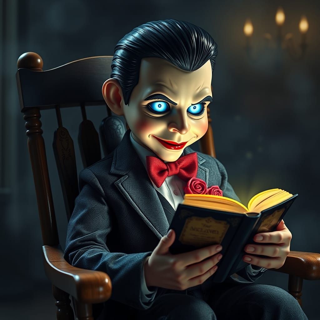 Creepy Glowing-Eyed Dummy with Book, in Ethereal Style