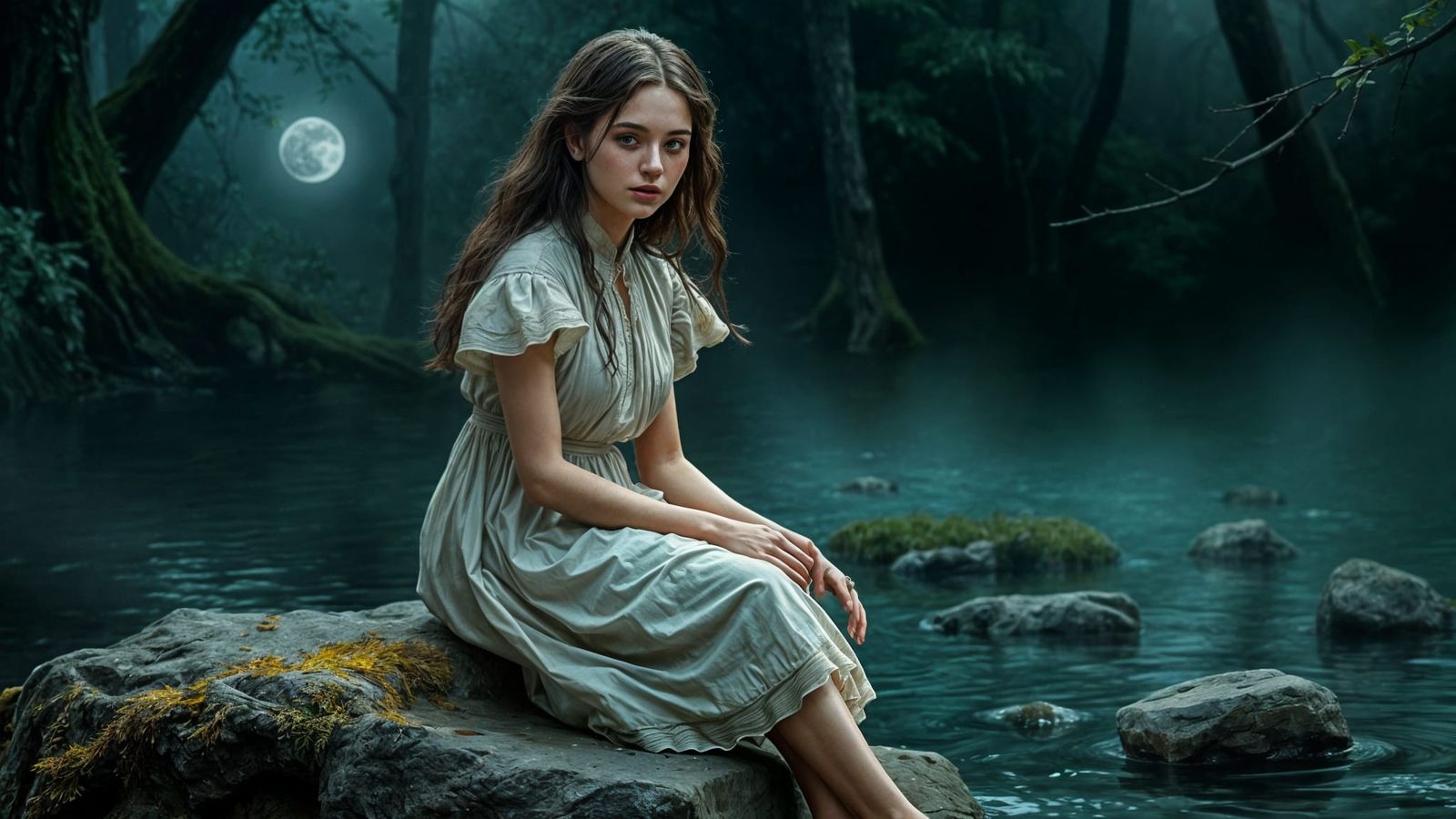 Hyperrealistic Woman by Creek in Moonlight