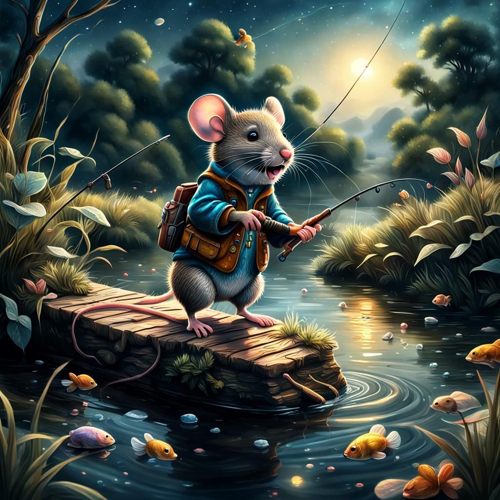 Joyful Mouse Fishing: Hyperrealistic Digital Illustration
