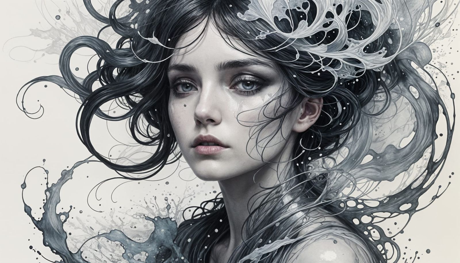 Ethereal Woman in Wet-on-Wet Ink Style
