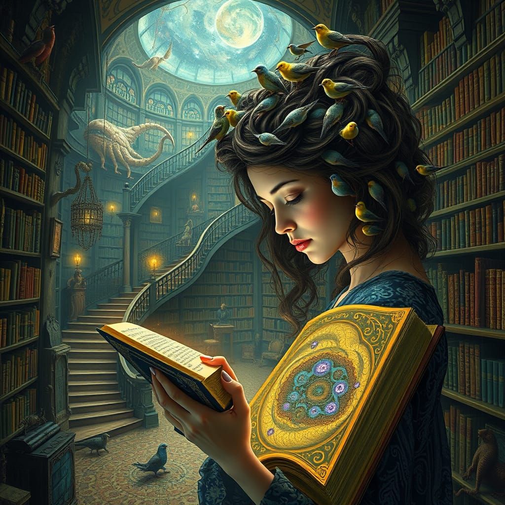 Surreal Library with Woman and Birds, Inspired Art