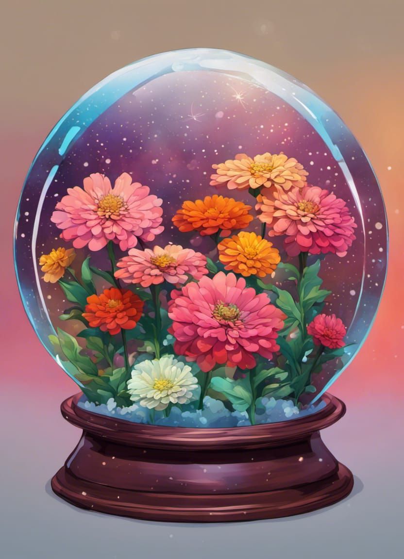 Zinnia flowers in a snow globe
