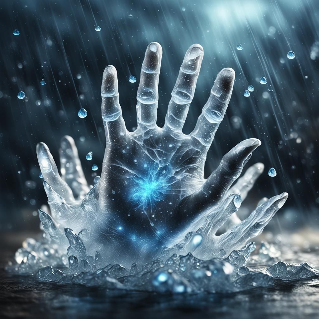 Icy Hand Reaching Out in Storm: Hyperrealistic Digital Art