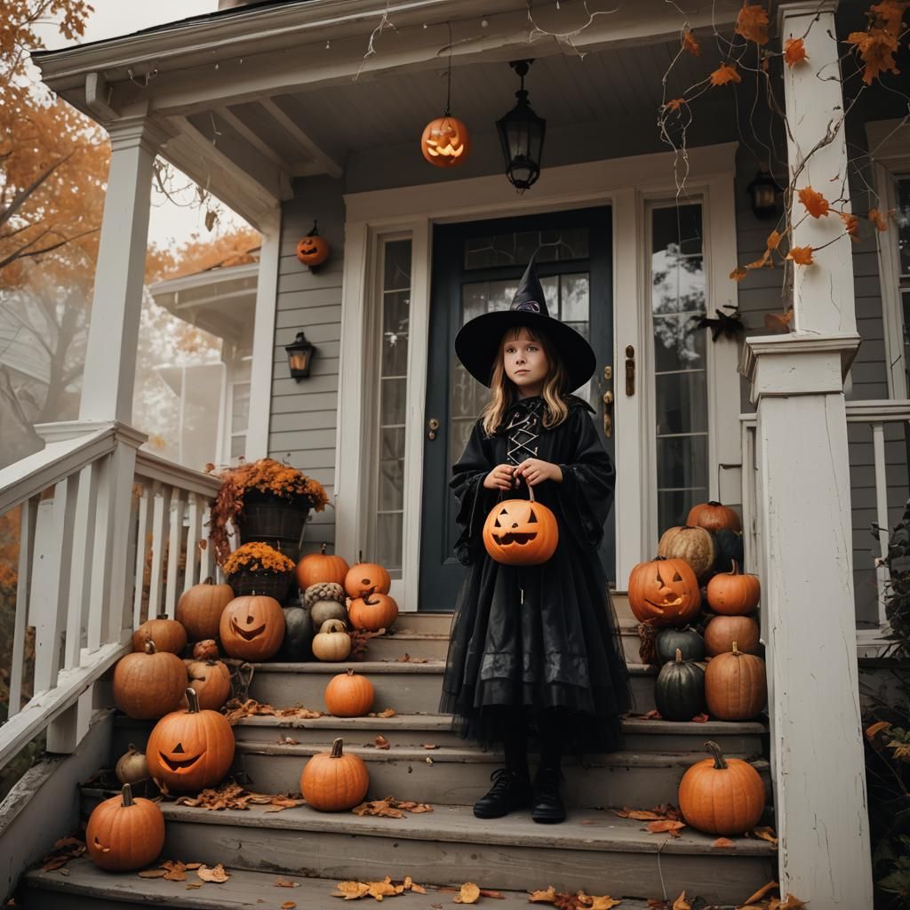 Halloween Witch on Porch in Cinematic Style