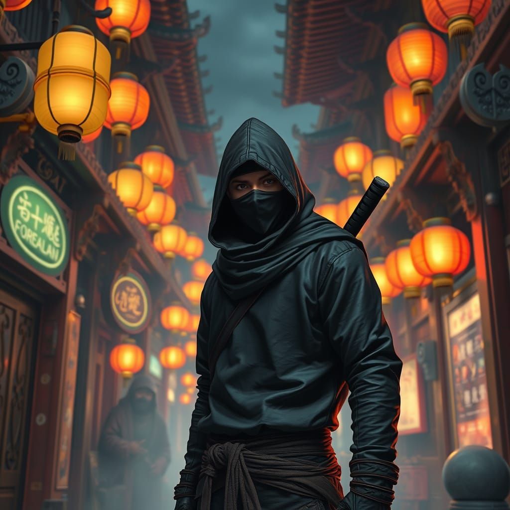Ninja in Chinatown Alleyway: Matte Painting Style
