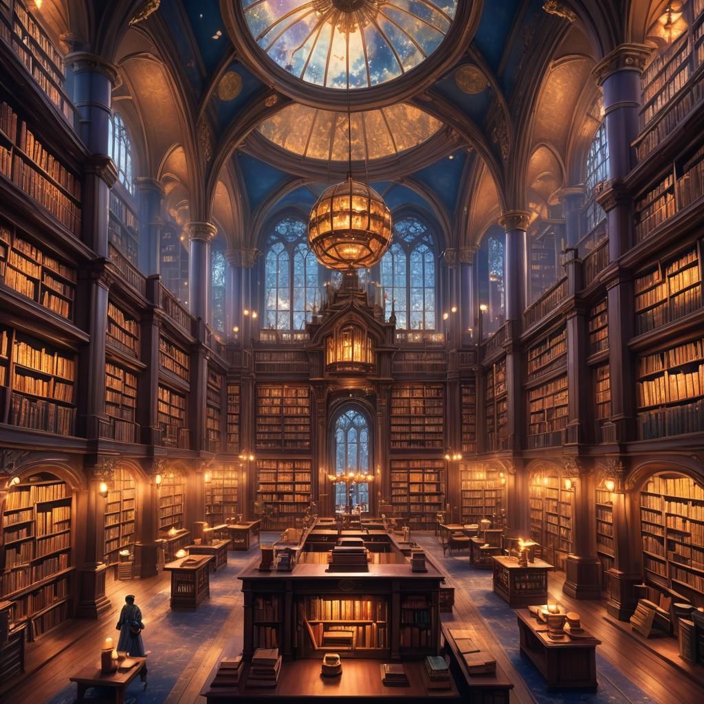 Majestic Library with Mystical Ambiance