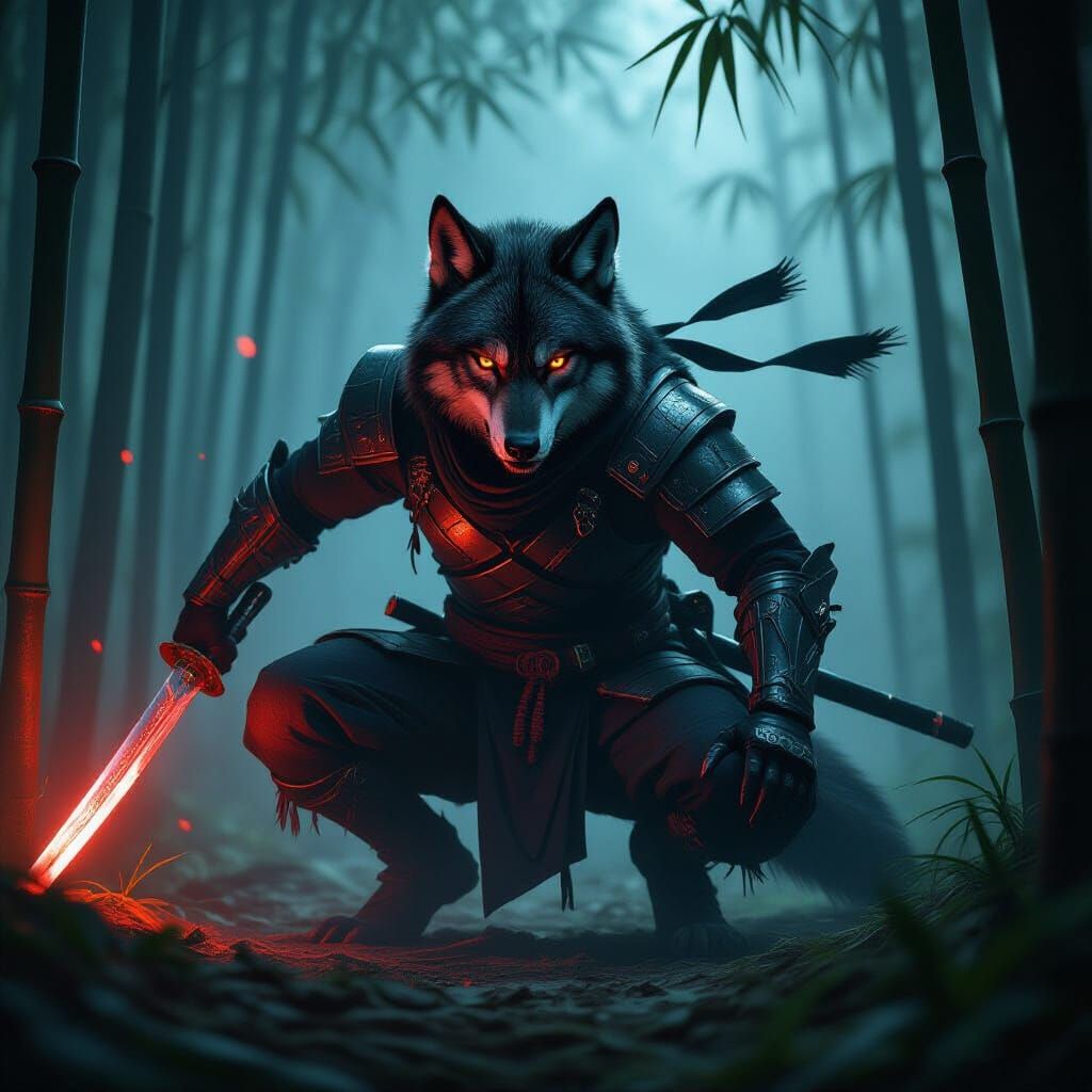 Ninja Wolf Warrior in Misty Bamboo Forest