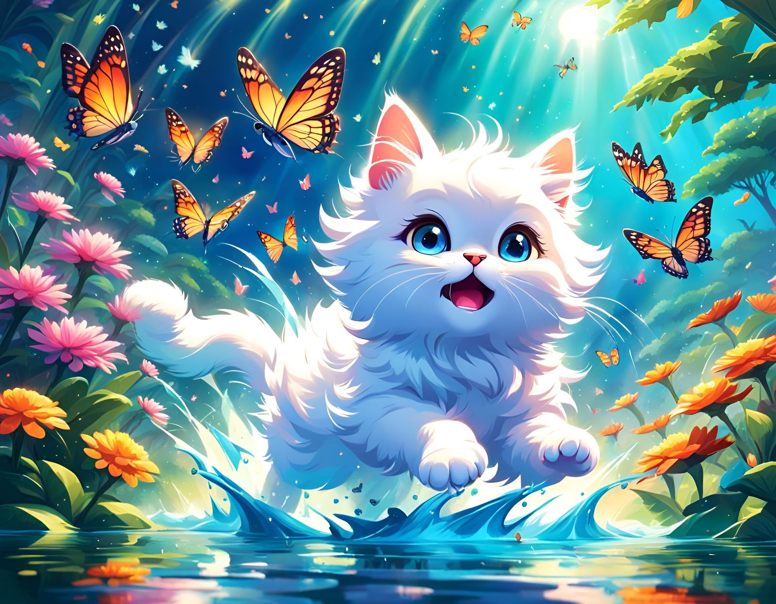 Cartoon Cat's Butterfly Chase: Womeihuole Style