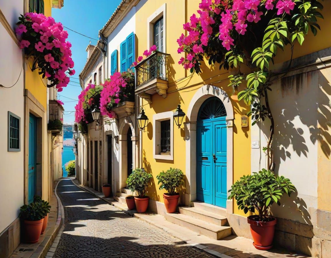 Lisbon Alleyway with Bougainvillea in Quilling Style