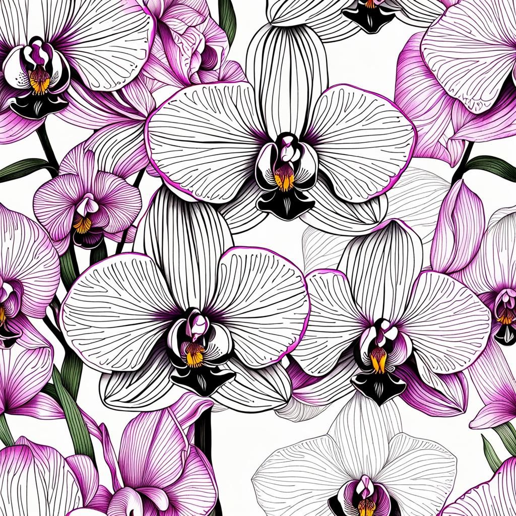 Pink Orchid Botanical Illustration in Ink Line Art