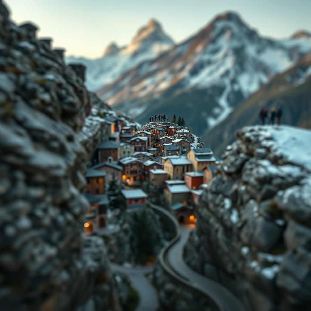 Miniature Mountain Village in Tilt-Shift Photography Style