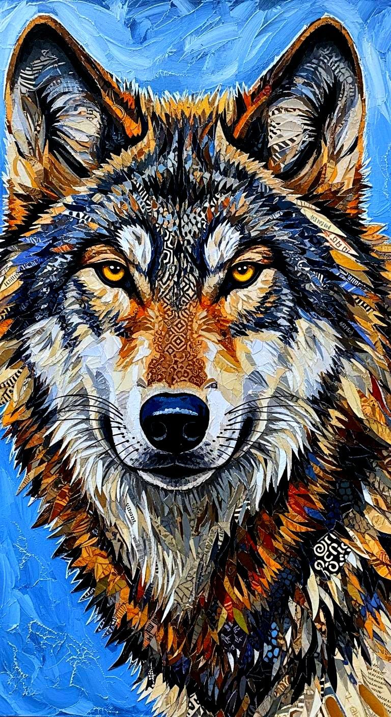 Textured Collage Wolf in Mixed Media Style