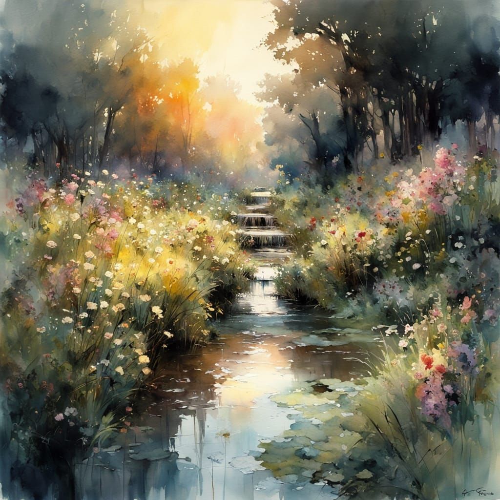 calm stream with flowers