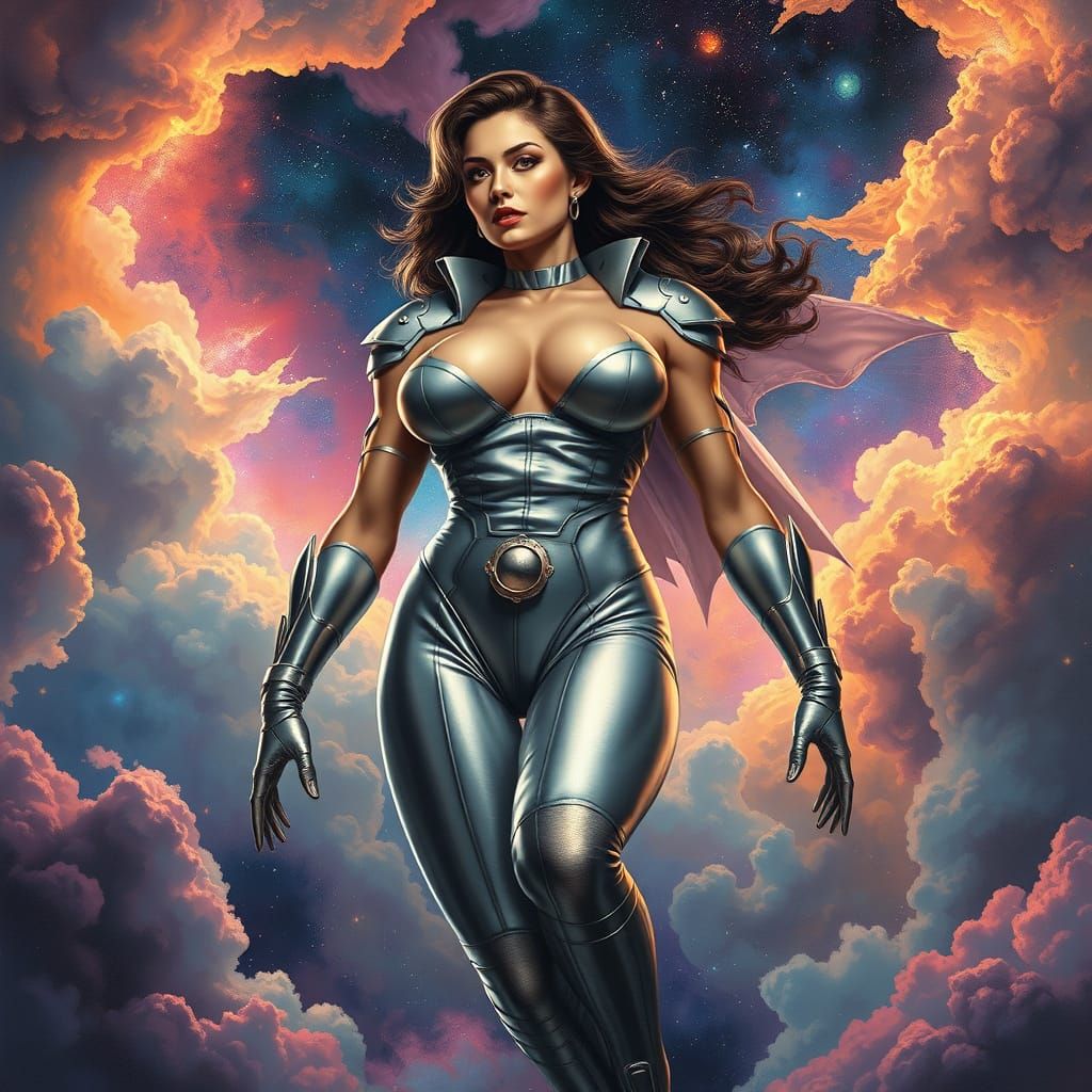 Cosmic Woman in Spacesuit Floating Among Stars