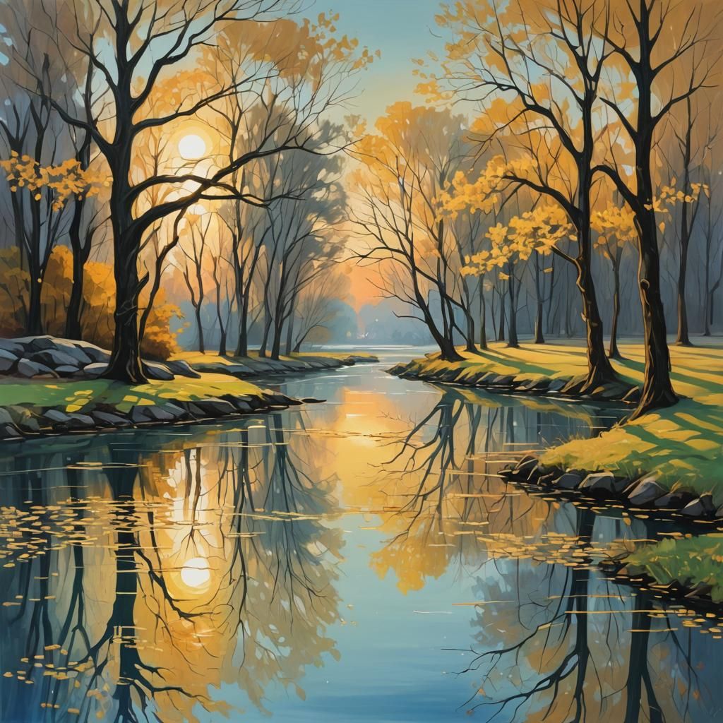 Tranquil Park at Sunset: Abstract River Scene