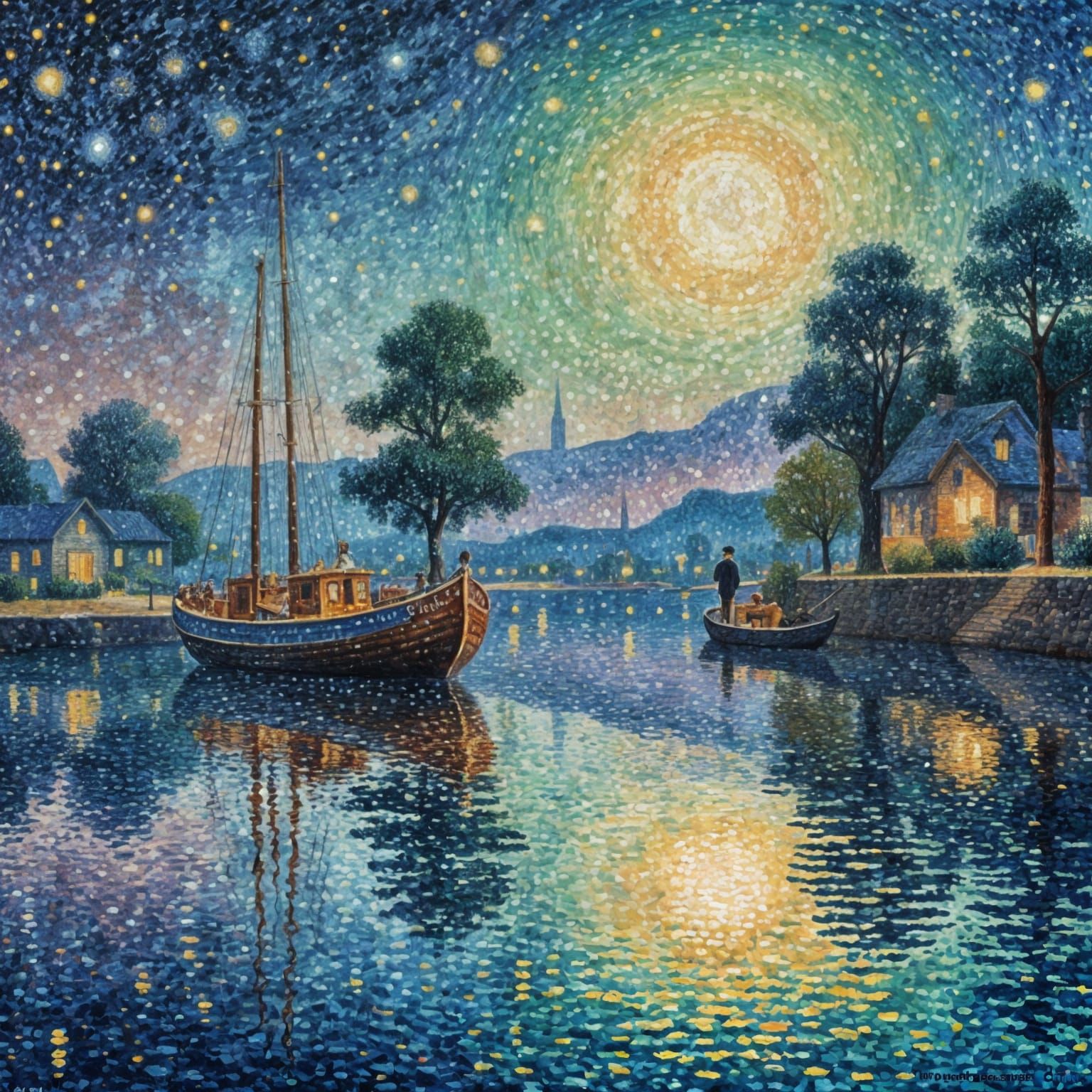 Starry Night Boat Painting in Pointillism Style