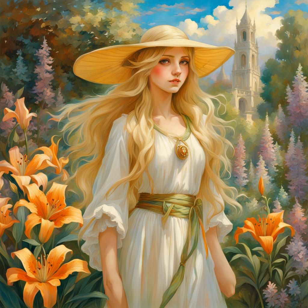 Magical Girl in Lily Garden, Waterhouse Anime Style