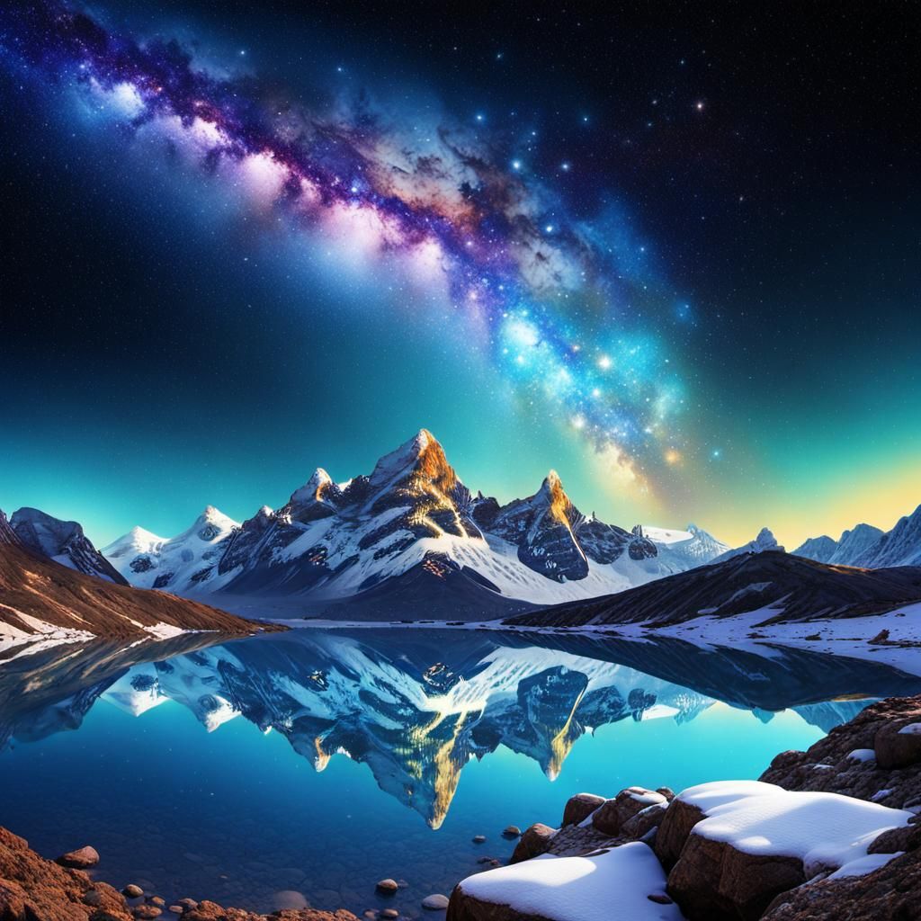 Breathtaking Galaxies Under Snowy Peaks in 3D