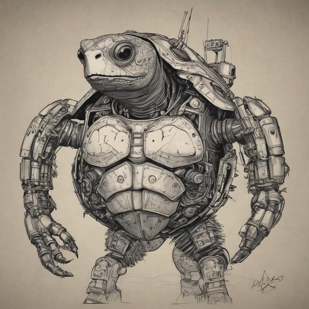 Dieselpunk Terminator Turtle: A Grotesque Ink Rendering
