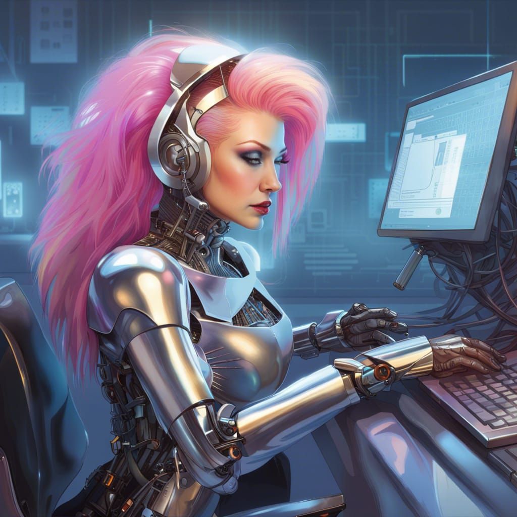 Cyndi Lauper as Chrome Robot in Futuristic Office