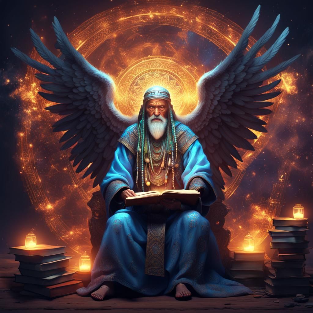 Glowing Shaman Angel Reading Book in Action Painting