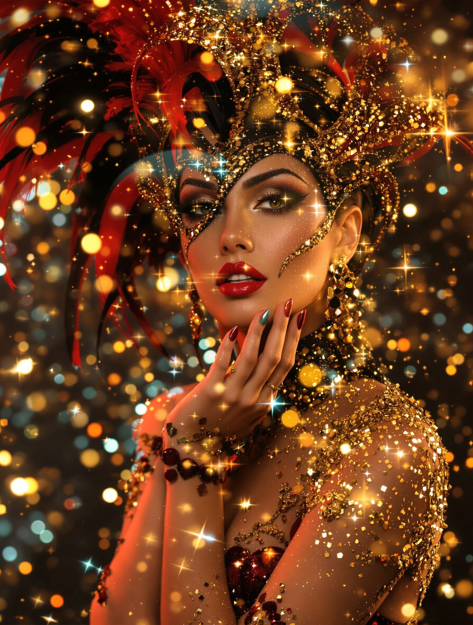 Glamorous Showgirl with Surreal Double Exposure Effect