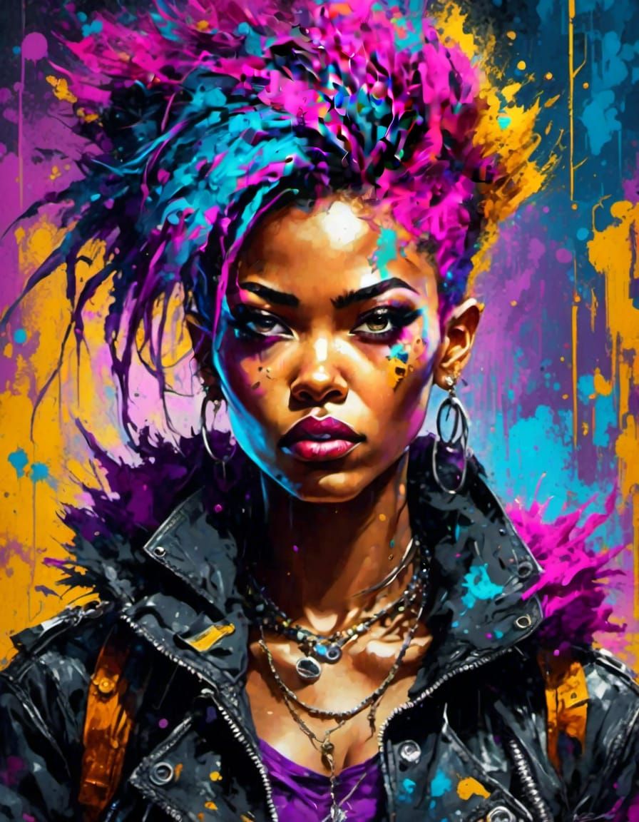 Angry Cyberpunk Cyborg Portrait with Graffiti Art