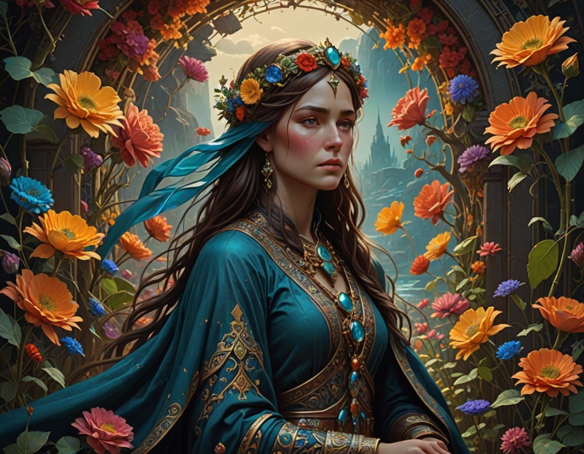 Ethereal Fantasy Goddess in Lavish, Vibrant Florals