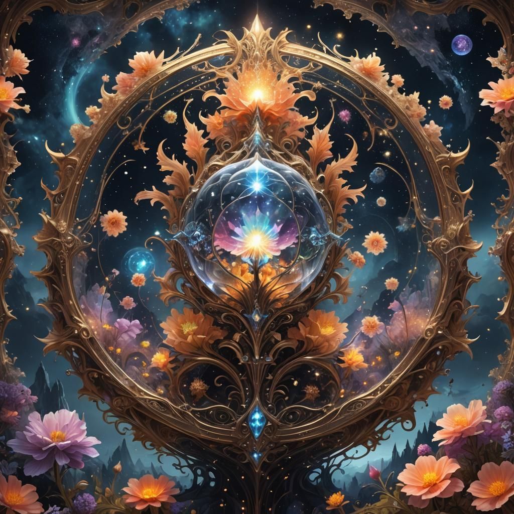 Glowing Crystal in Starry Sky: Gothic Digital Art