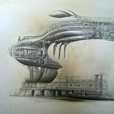 Biomechanical Starship in Dock: Surrealist Pencil Sketch