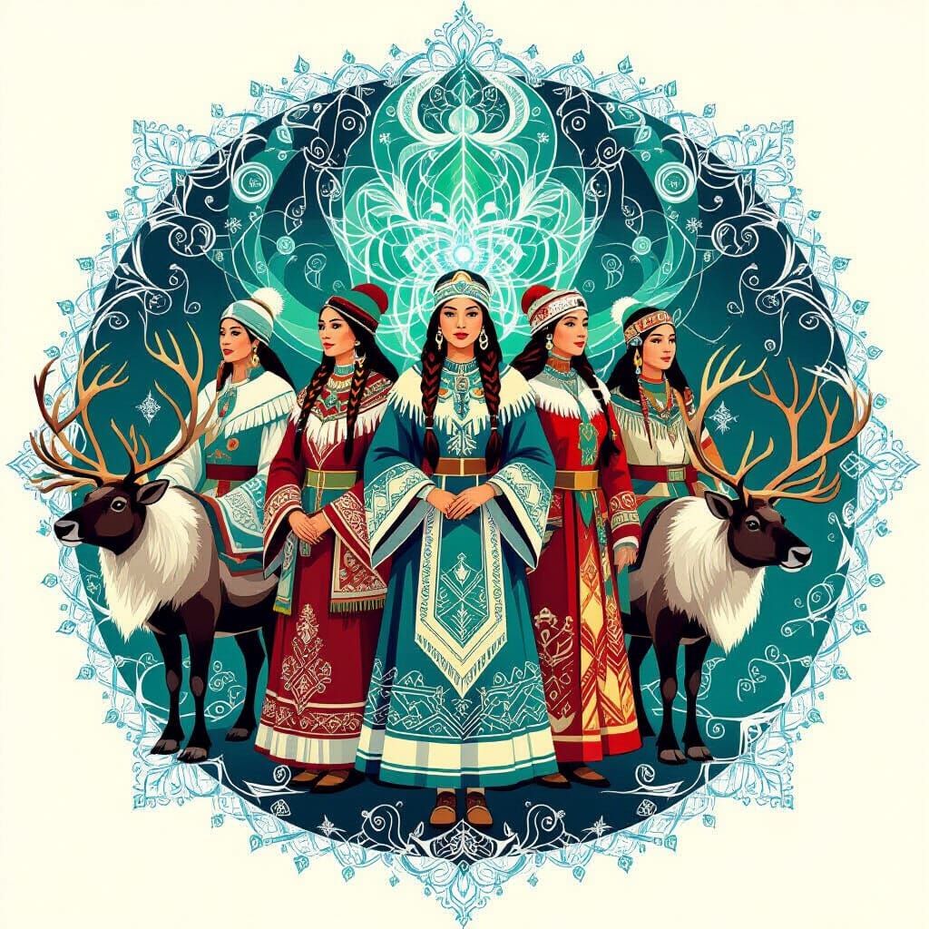 Saami Women and Reindeer in Abstract Fractal Style