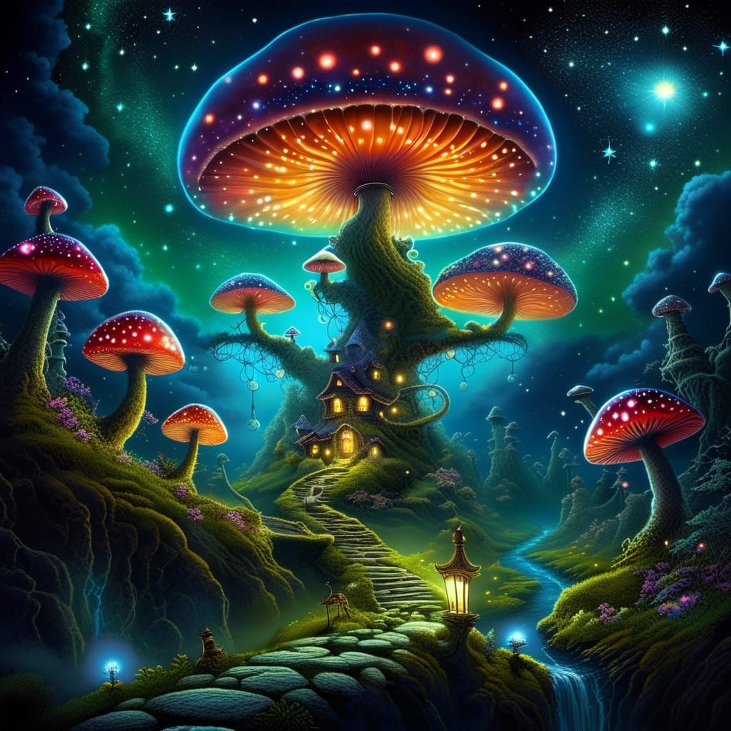 Glowing Mushroom Dwellings in Fantasy Landscape