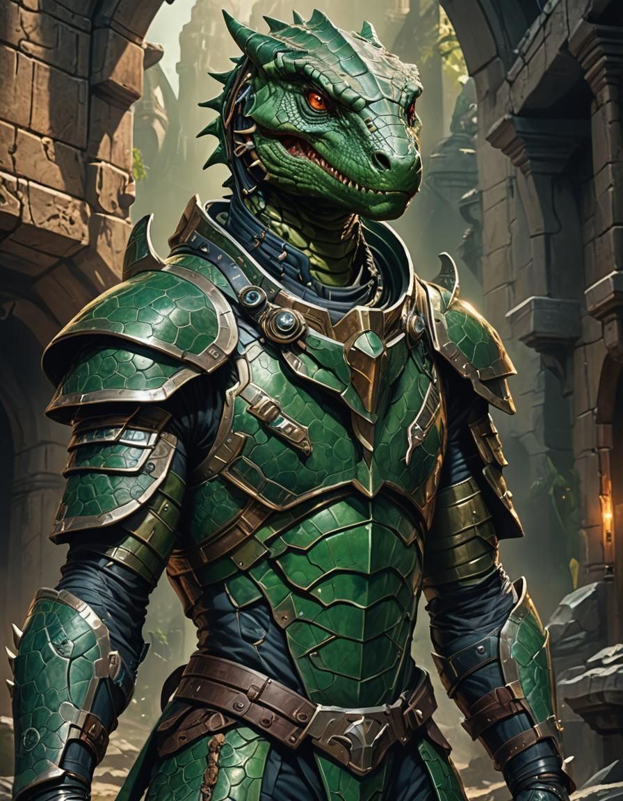 Reptilian Warrior in Futuristic Armor: Fantasy Concept Art
