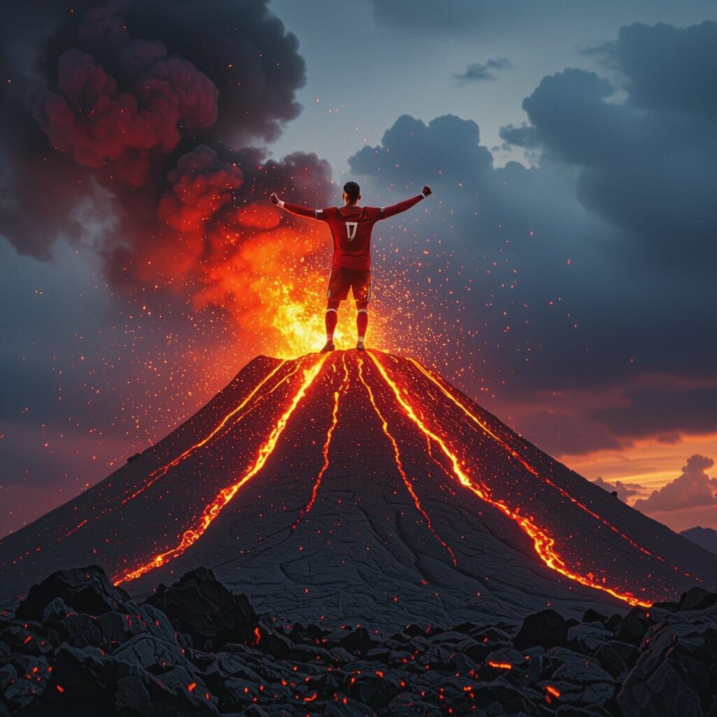 Ronaldo's Iconic Celebration atop Fiery Volcano