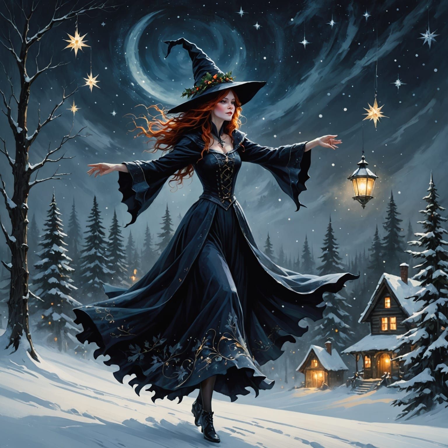 Mystical Christmas Sorceress Soars Through Frosty Winter Nig...