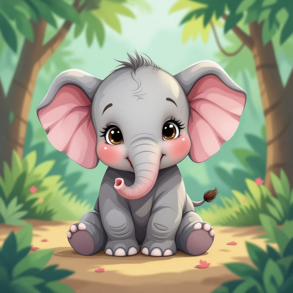 Adorable Baby Elephant in Whimsical Jungle Watercolor