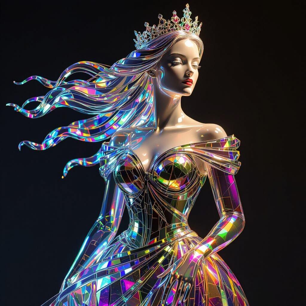 Stately Glass Queen Statue with Iridescent Dress