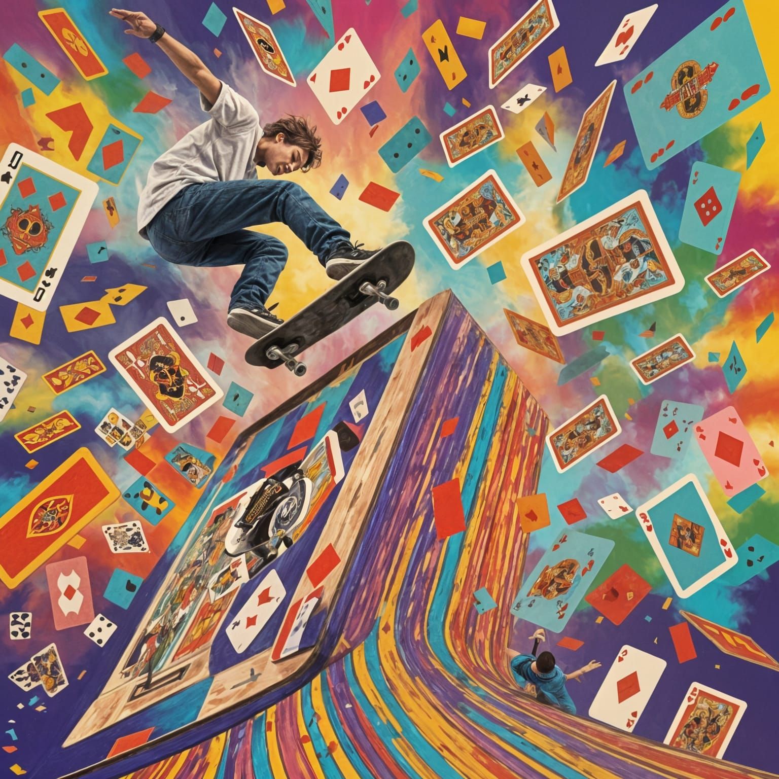 Skateboarder Flips Over Deck of Cards