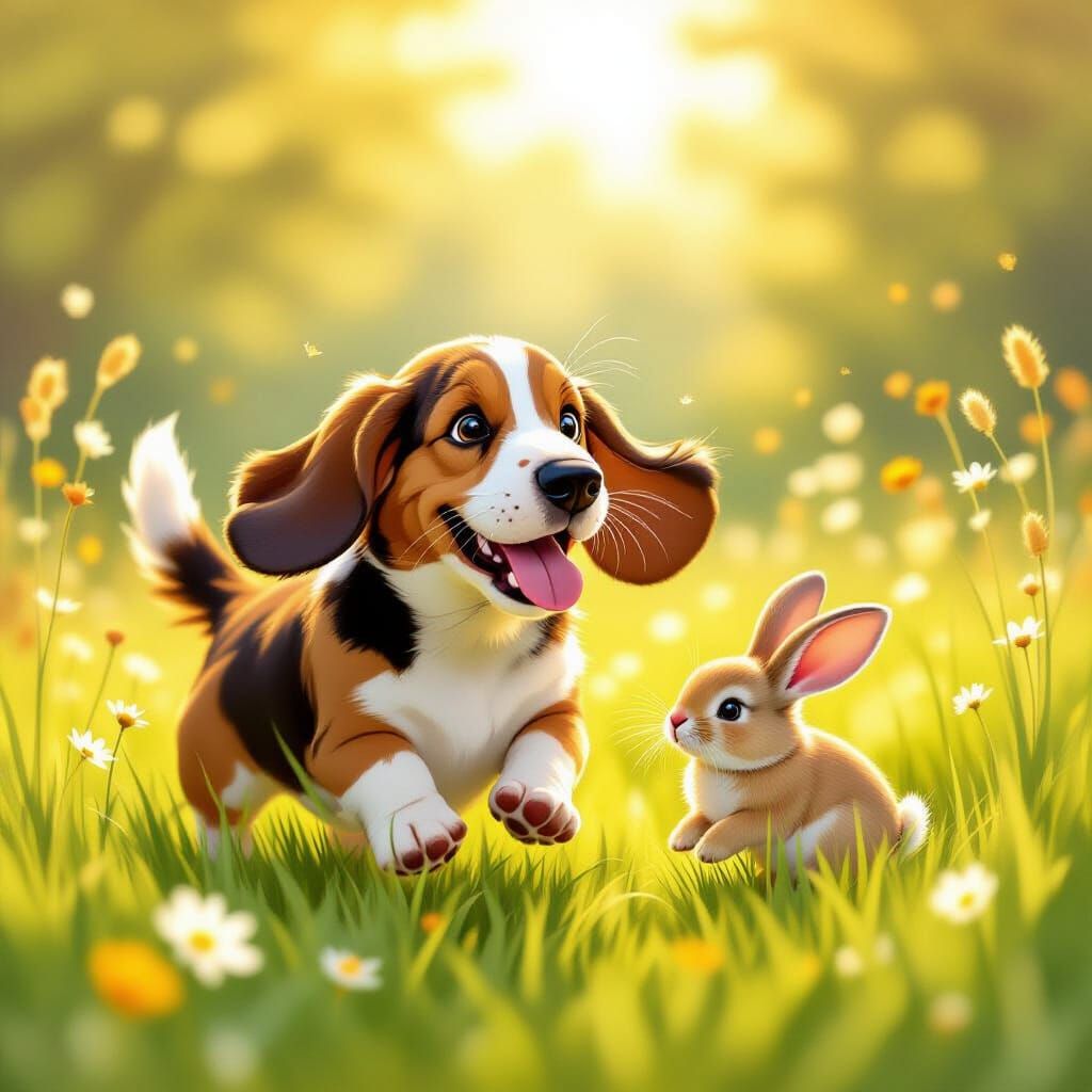 Basset Hound Chasing Bunny in Sunny Meadow