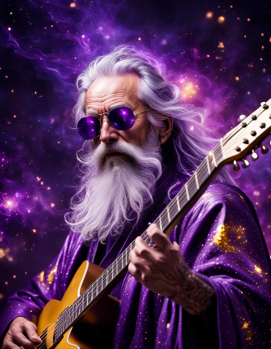 Cosmic Guitar Player in Golden Hour, Macro Photo