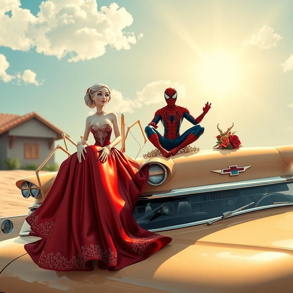 Spider Figurine and Spiderman on Vintage Chevy